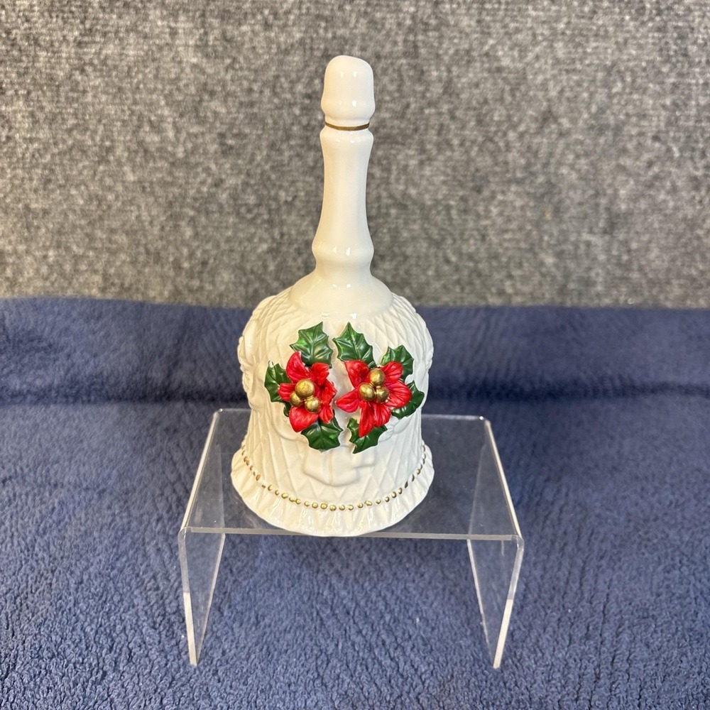 Christmas Holly Bell Vintage 6" White Ceramic Hermitage Pottery 1999 White Roses